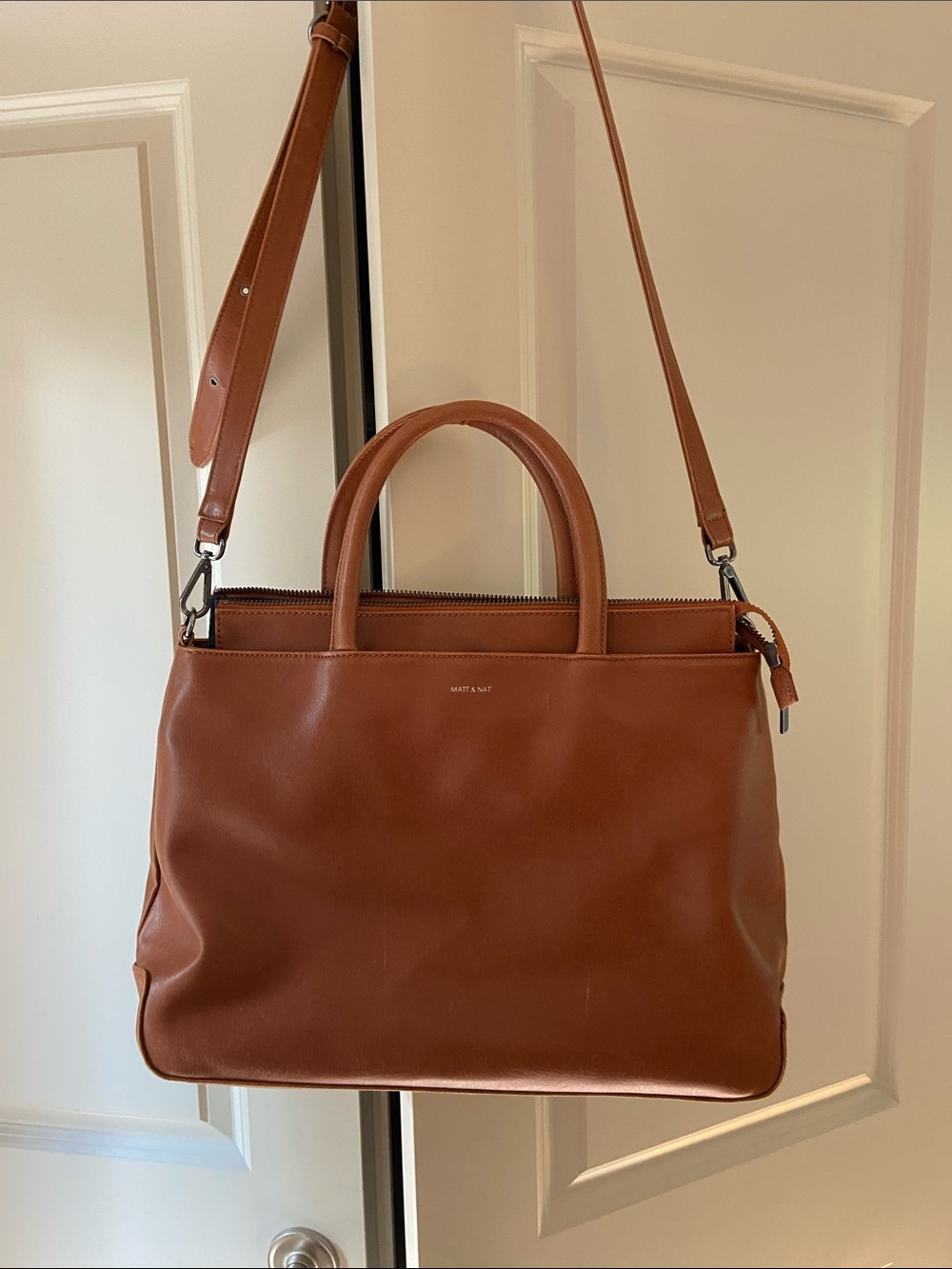 Matt & Nat Cognac Vegan Leather Satchel with Top Handles & Crossbody Strap